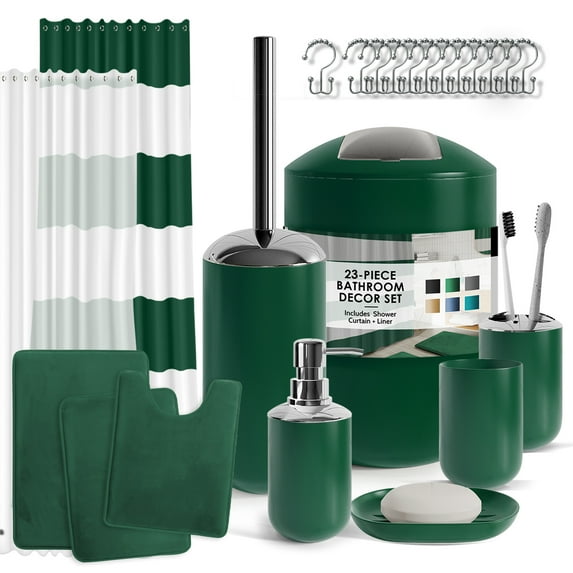 Nestl 23 Piece Bathroom Accessory Gift Set, Bathroom Shower Curtain Set, And Bath Rug Set, Hunter Green