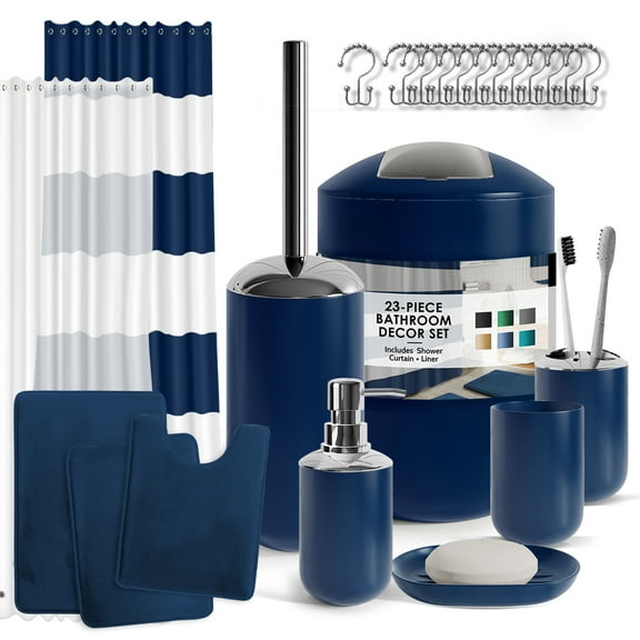 Nestl 23 Piece Bathroom Accessory Gift Set, Bathroom Shower Curtain Set, And Bath Rug Set, Navy Blue