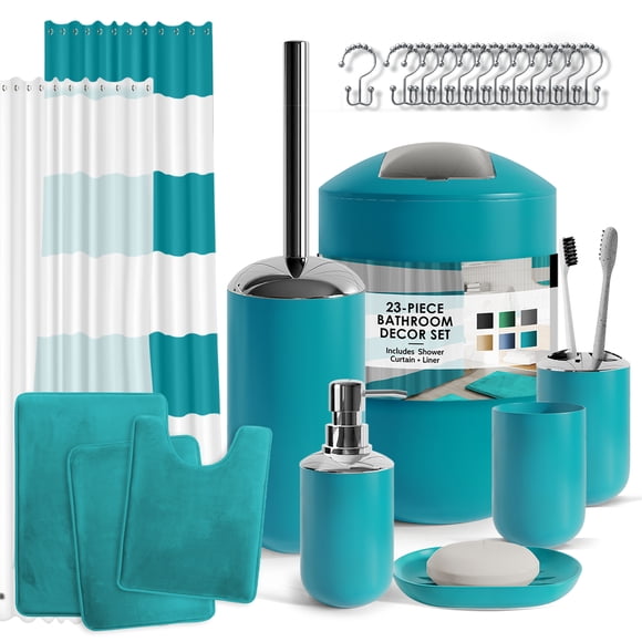 Nestl 23 Piece Bathroom Accessory Gift Set, Bathroom Shower Curtain Set, And Bath Rug Set, Teal Blue