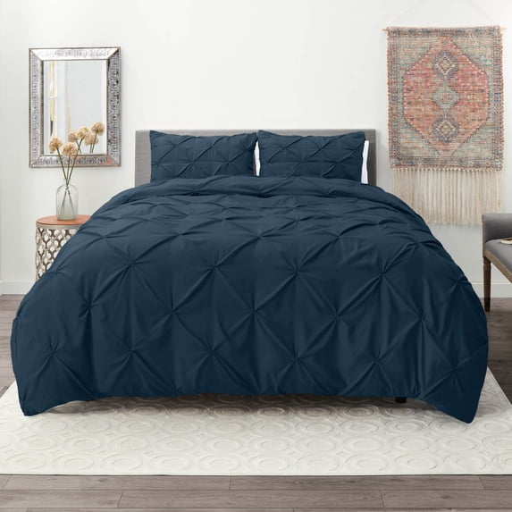 Nestl 3 Piece Pinch Pleated Pintuck Duvet Cover Set with Shams, Soft Microfiber,Button Closure Bedding Set, California King - Navy