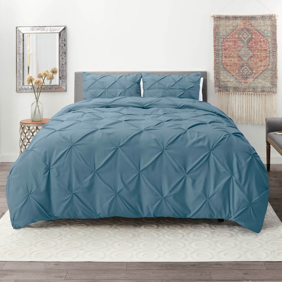 Nestl 3 Piece Pinch Pleated Pintuck Duvet Cover Set with Shams, Soft Microfiber,Button Closure Bedding Set, Full - Blue Heaven