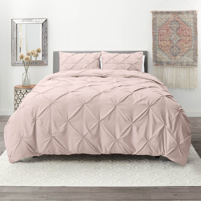 Nestl 3 Piece Pinch Pleated Pintuck Duvet Cover Set with Shams, Soft Microfiber,Button Closure Bedding Set, Full - Blush