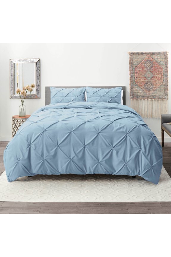 3 Piece Pinch Pleated Pintuck Duvet Cover Set with Shams, Soft Microfiber,Button Closure Bedding Set, Full - Ice Blue