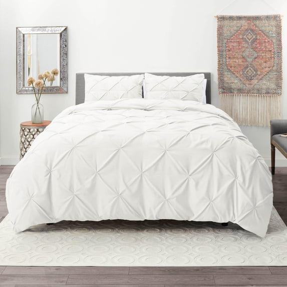 Nestl 3 Piece Pinch Pleated Pintuck Duvet Cover Set with Shams, Soft Microfiber,Button Closure Bedding Set, Full - White