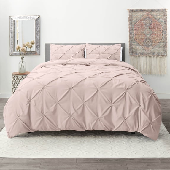 Nestl 3 Piece Pinch Pleated Pintuck Duvet Cover Set with Shams, Soft Microfiber,Button Closure Bedding Set, King - Blush