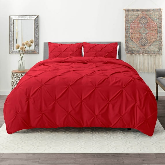 Nestl 3 Piece Pinch Pleated Pintuck Duvet Cover Set with Shams, Soft Microfiber,Button Closure Bedding Set, King - Cherry Red