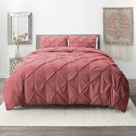 Nestl 3 Piece Pinch Pleated Pintuck Duvet Cover Set with Shams, Soft Microfiber,Button Closure Bedding Set, King - Mauve