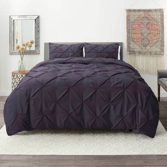 Nestl 3 Piece Pinch Pleated Pintuck Duvet Cover Set with Shams, Soft Microfiber,Button Closure Bedding Set, King - Purple Eggplant