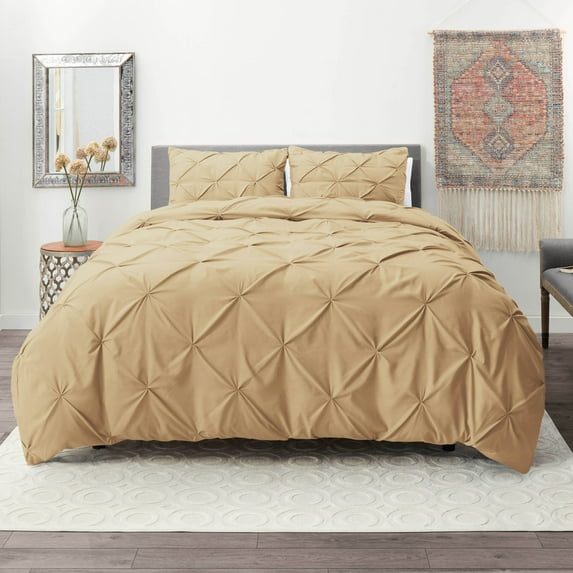 Nestl 3 Piece Pinch Pleated Pintuck Duvet Cover Set with Shams, Soft Microfiber,Button Closure Bedding Set, Queen - Beige Cream