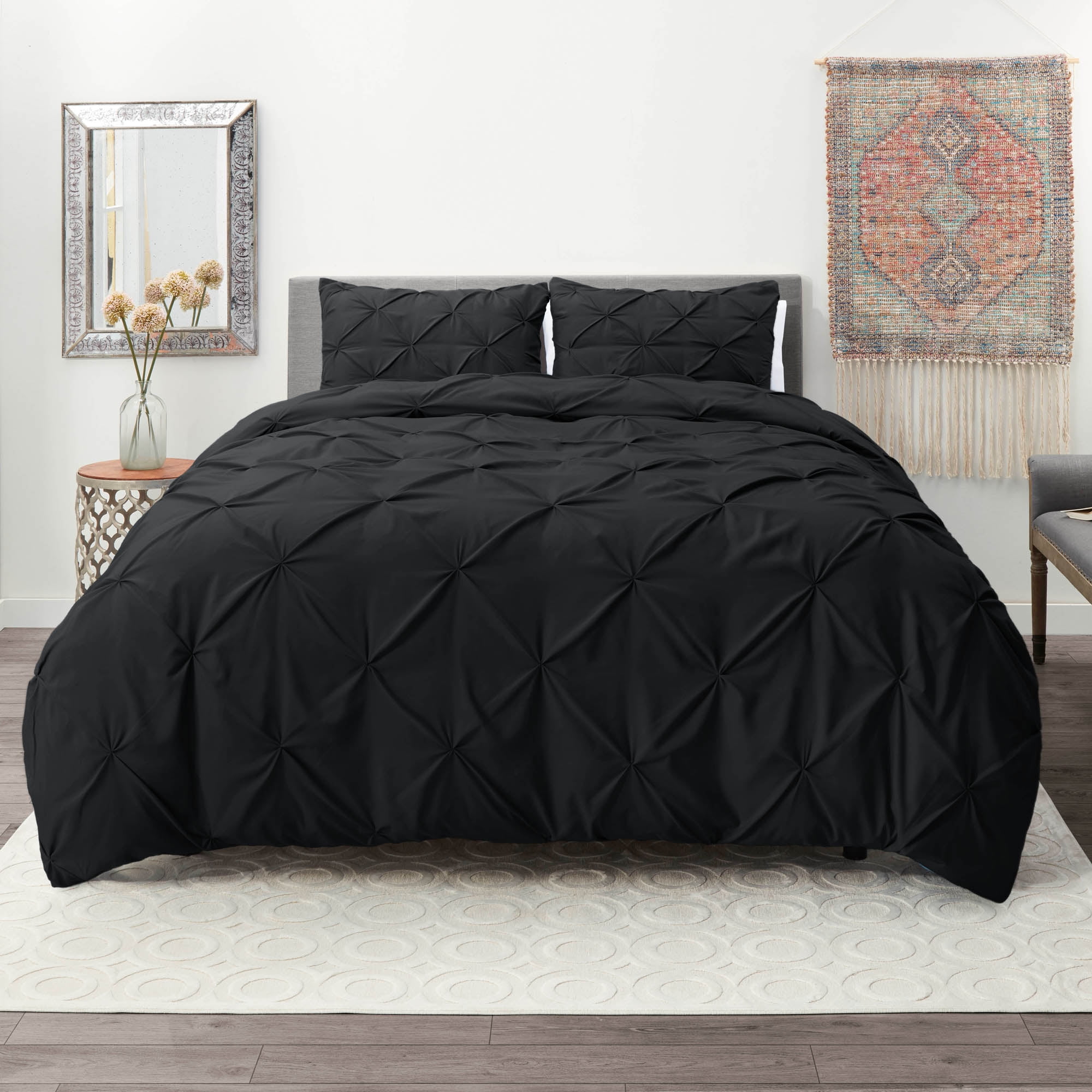 Nestl 3 Piece Pinch Pleated Pintuck Duvet Cover Set with Shams, Soft Microfiber,Button Closure Bedding Set, Queen - Black