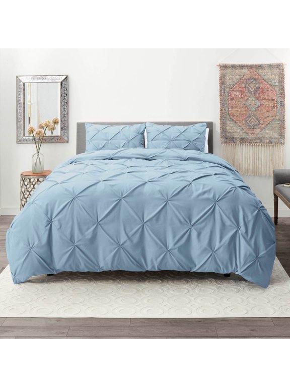 3 Piece Pinch Pleated Pintuck Duvet Cover Set with Shams, Soft Microfiber,Button Closure Bedding Set, Queen - Ice Blue