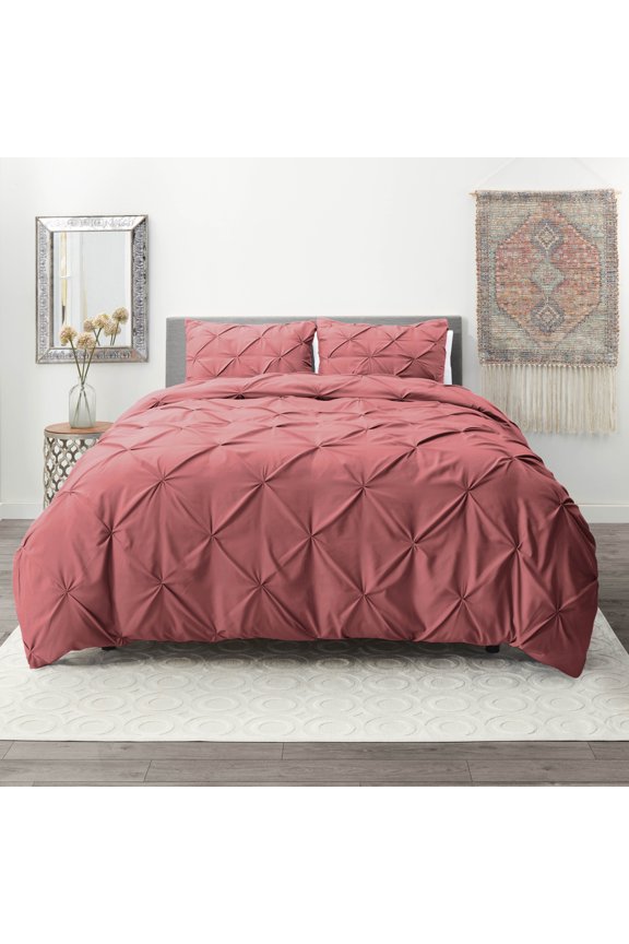 3 Piece Pinch Pleated Pintuck Duvet Cover Set with Shams, Soft Microfiber,Button Closure Bedding Set, Queen - Mauve