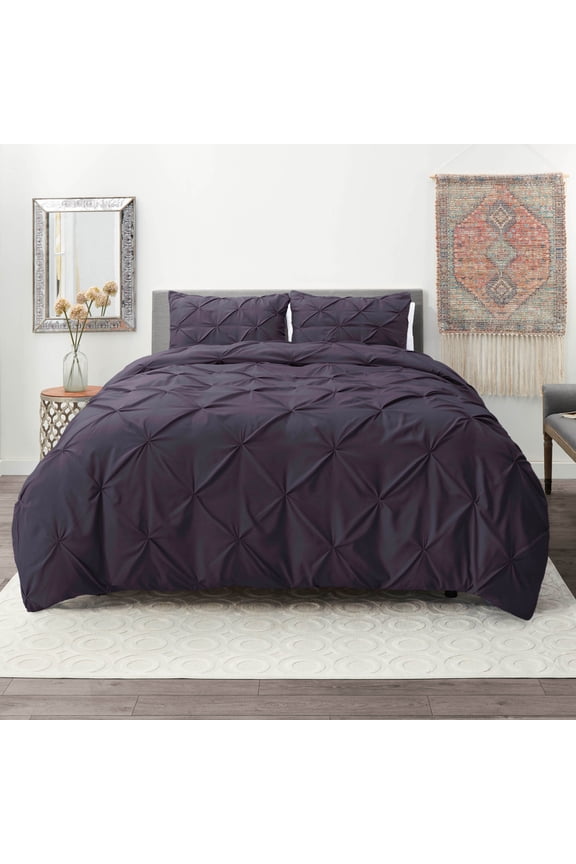 3 Piece Pinch Pleated Pintuck Duvet Cover Set with Shams, Soft Microfiber,Button Closure Bedding Set, Queen - Purple Eggplant