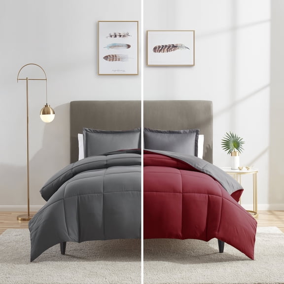 Nestl 3-Piece Soft Down Alternative Reversible Queen Comforter Set, Queen/Full, Grey & Burgundy