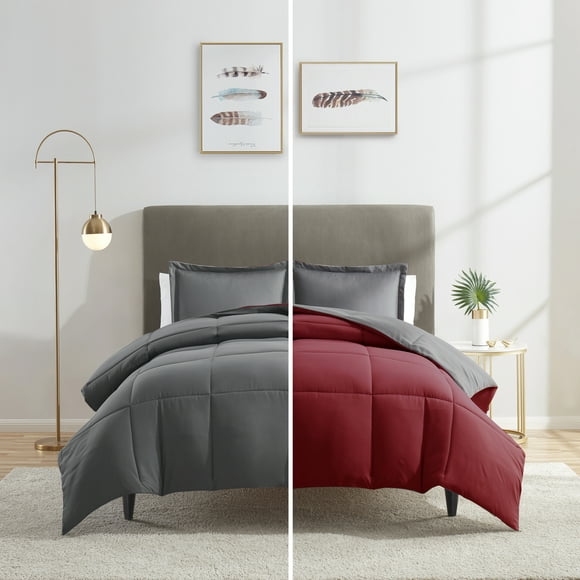 Nestl 3-Piece Soft Down Alternative Reversible Queen Comforter Set, Queen/Full, Grey & Burgundy