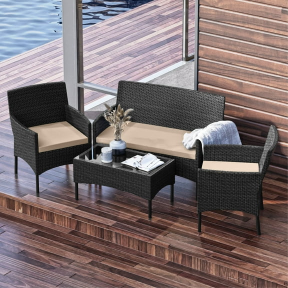 Nestl 4-Piece Outdoor Patio Furniture Set, Wicker Patio Conversation Set, Black/Beige