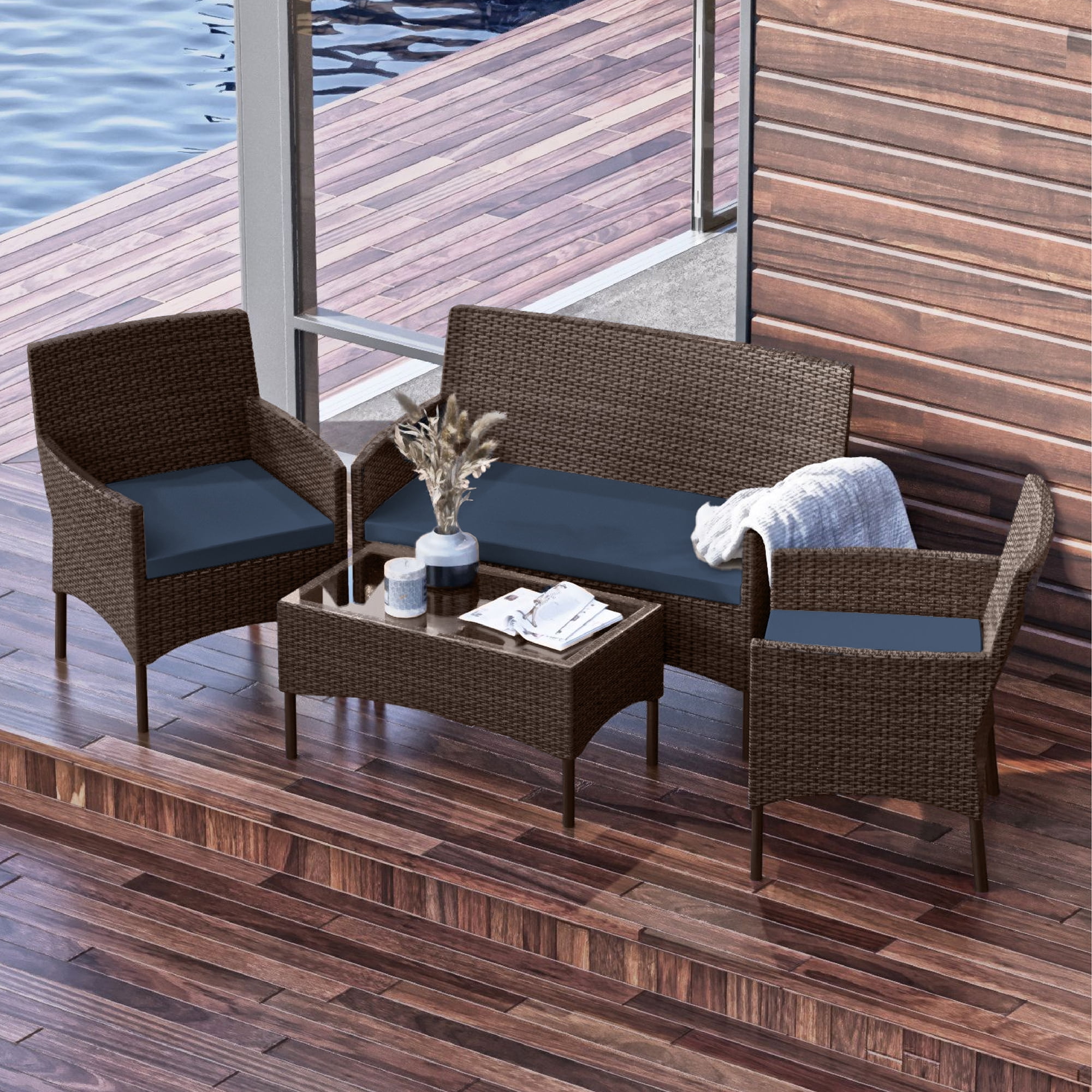 4-Piece Brown Wicker Outdoor Seating Set with Blue Cushions