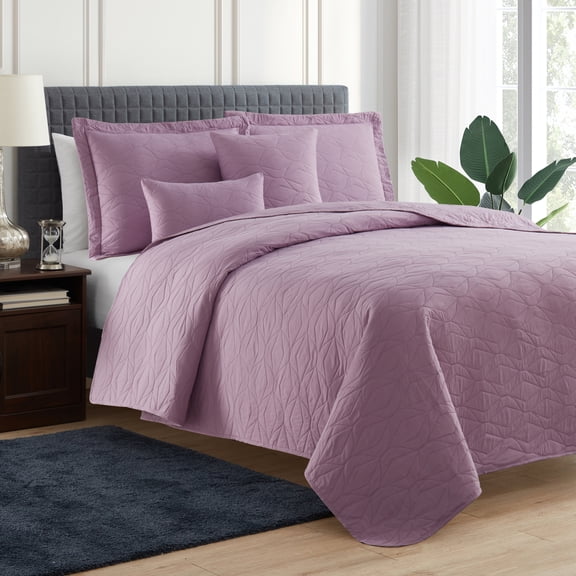 Nestl 5 Piece Quilt Set King with Pillow Shams and Euro Shams, Soft Microfiber Lightweight Bedspread Coverlet, Modern Style Ellipse Weave Bed Cover, Lavender Dream