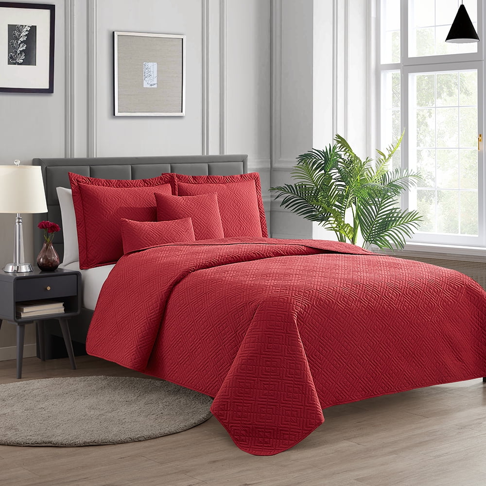 Nestl 5 Piece Quilt Set King , Soft Microfiber Lightweight Bedspread Coverlet, Modern Style Diamond Weave Bed Cover, Burgundy Red