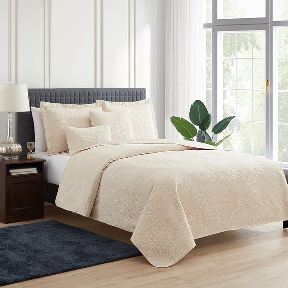 Nestl 5 Piece Quilt Set King , Soft Microfiber Lightweight Bedspread Coverlet, Modern Style Ellipse Weave Bed Cover, Beige Cream