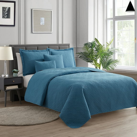 Nestl 5 Piece Quilt Set Queen , Soft Microfiber Lightweight Bedspread Coverlet, Modern Style Diamond Weave Bed Cover, Blue Heaven