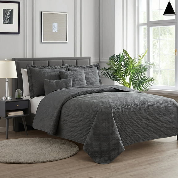Nestl 5 Piece Quilt Set Queen , Soft Microfiber Lightweight Bedspread Coverlet, Modern Style Diamond Weave Bed Cover, Gray