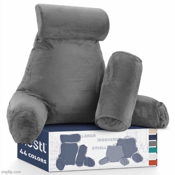 Nestl Reading Pillow, Extra Large Bed Rest Back Pillow with Arms For Bed, Premium Shredded Memory Foam Backrest Pillows, Detachable Neck Roll & Lumbar Back Support Pillow, Gray