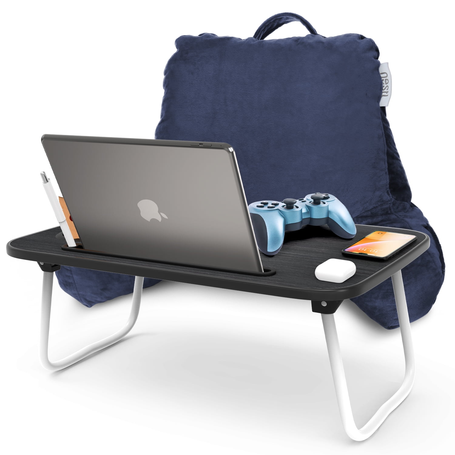 Nestl Backrest Reading Pillow Bonus Portable Lap Desk Stand for Laptop, Back Support Pillow, Shredded Memory Foam Bed Rest Pillow with Arms and Pockets for Kids & Teens, Navy