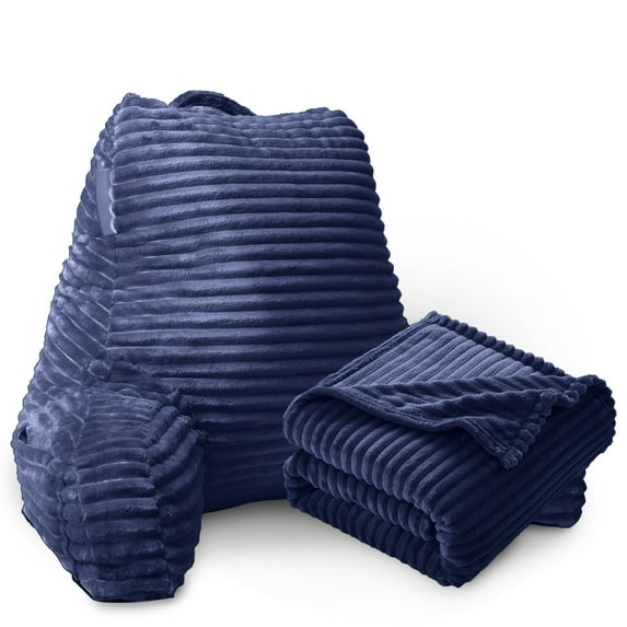 Nestl Backrest Reading Pillow with Blanket, Back Support Pillow with Arms, Shredded Memory Foam Bed Rest Pillow and Throw Blanket, Navy