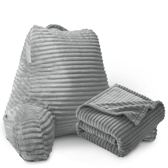 Nestl Backrest Reading Pillow with Blanket, Back Support Pillow with Arms, Shredded Memory Foam Bed Rest Pillow and Throw Blanket, Silver