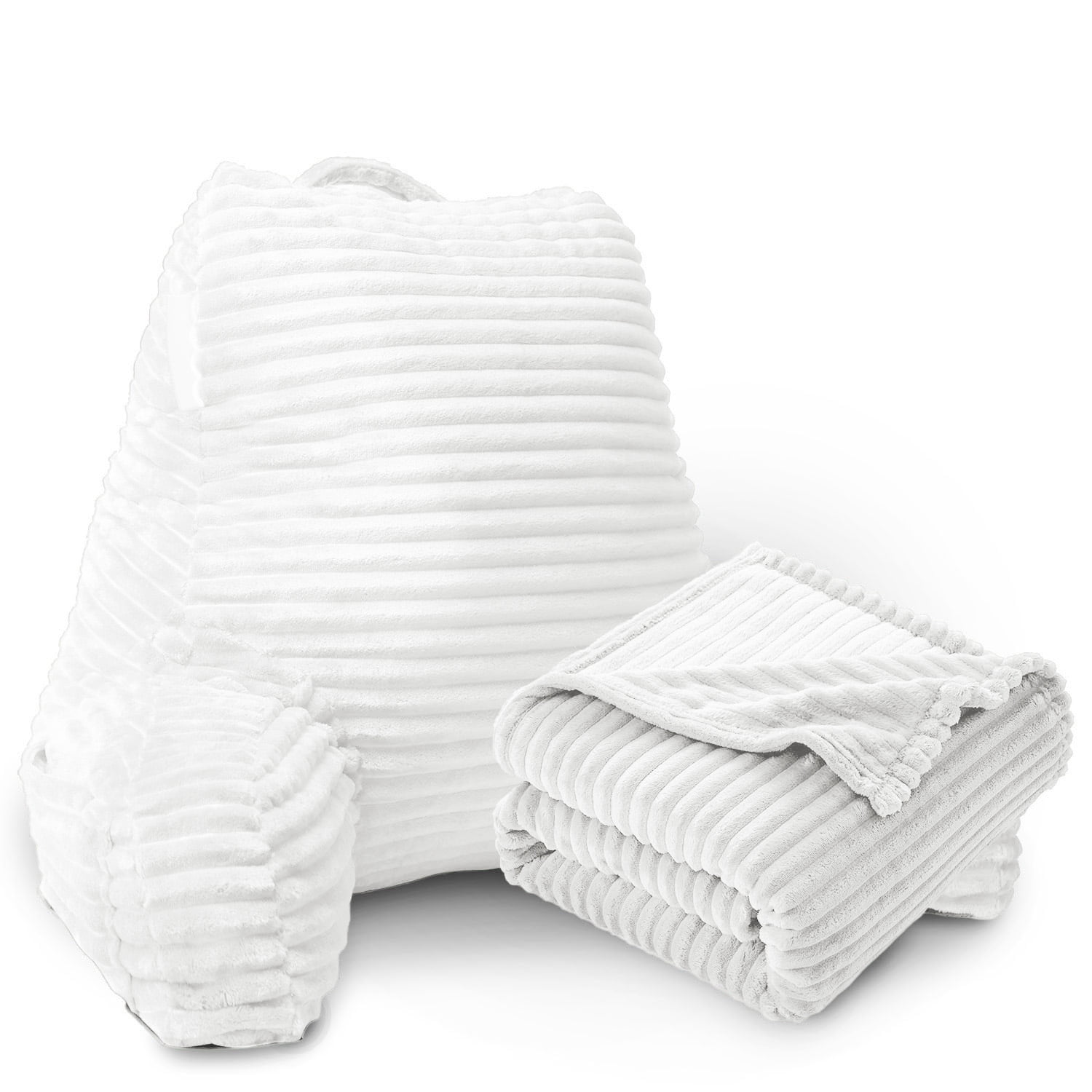 LammaLoe Backrest Reading Pillow with Blanket, Back Support Pillow with Arms, Shredded Memory Foam Bed Rest Pillow and Throw Blanket, White