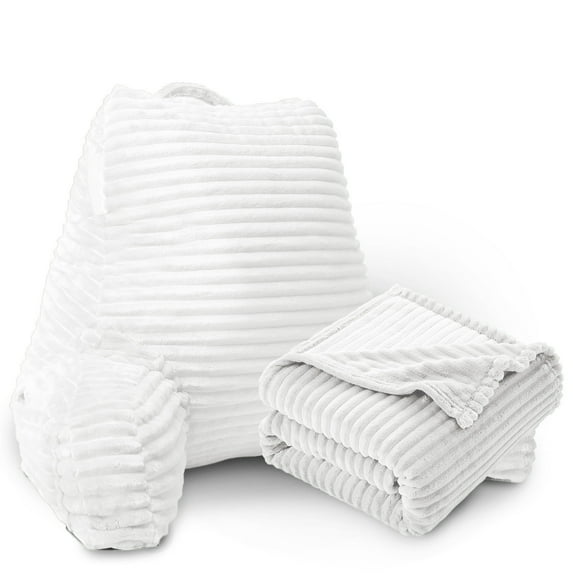 LammaLoe Backrest Reading Pillow with Blanket, Back Support Pillow with Arms, Shredded Memory Foam Bed Rest Pillow and Throw Blanket, White