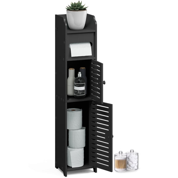 Nestl Bathroom Storage Organizer - Floor Standing with Shelves - Includes 2 Apothecary Jars - Tall Bathroom Storage Cabinet for Toilet Paper, Towel & Other Bathroom Storage Accessories - Black
