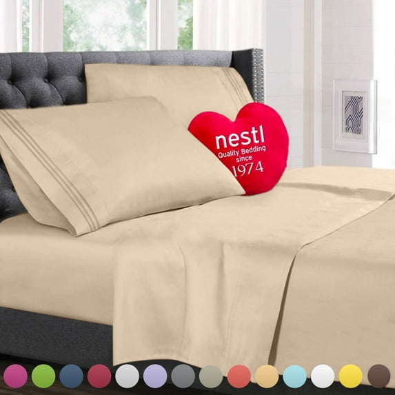 Nestl Deep Pocket King Sheets - 4 Piece King Size Bed Sheets with Fitted Sheet, Flat Sheet, Pillow Cases - Extra Soft Bedsheet Set with Deep Pockets for King Size - Beige Cream