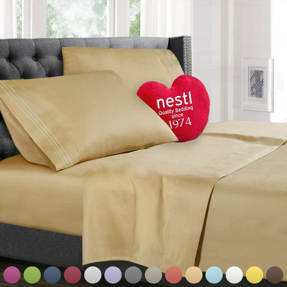 Nestl Deep Pocket Split King Sheets - 5 Piece Split King Size Bed Sheets with Fitted Sheet, Flat Sheet, Pillow Cases - Extra Soft Bedsheet Set with Deep Pockets for Split King - Camel Gold