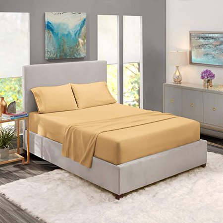 Nestl Bedding Soft Sheets Set – 4 Piece Bed Sheet Set, 3-Line Design Pillowcases – Easy Care, Wrinkle Free – 8”–12” Fitted Sheet for Low Profile – RV Short Queen, Gold