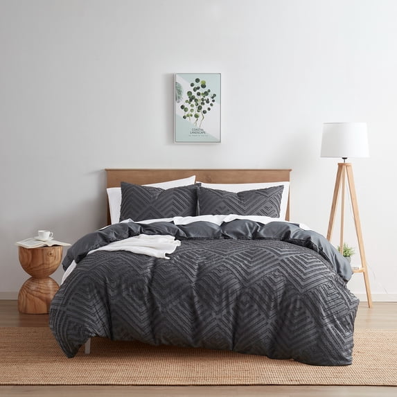 Nestl Boho 3 Piece Duvet Cover Set, Tufted Embroidery Double Brushed Duvet Cover with Button Closure with 2 Pillow Shams, King (90"x104") - Gray