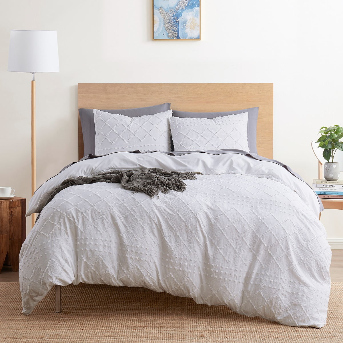 Nestl Boho 3 Piece Duvet Cover Set, Tufted Embroidery Double Brushed Duvet Cover with Button Closure with 2 Pillow Shams, King (90"x104") - White