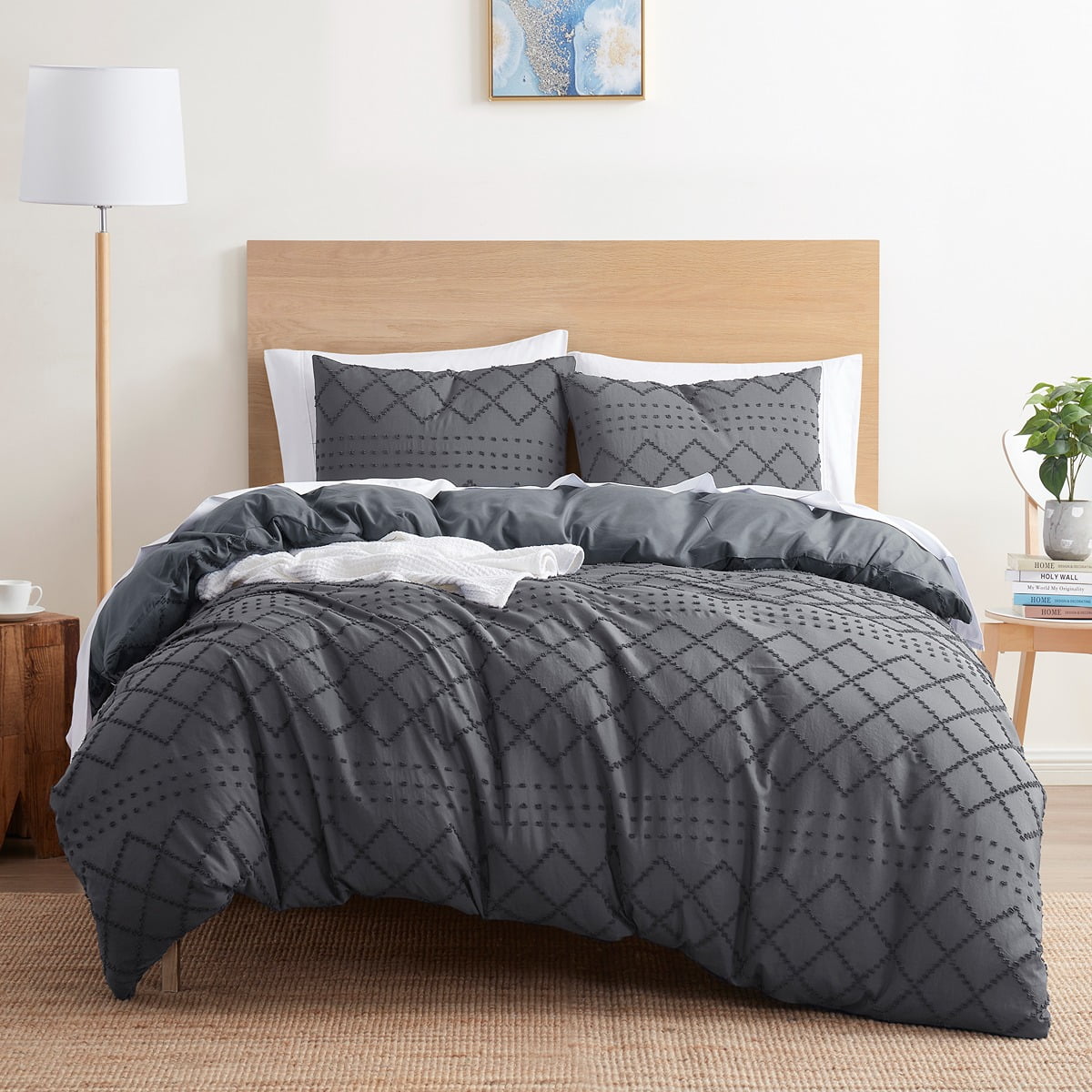 Nestl Queen Size Bed Comforter Set, 3 Piece Boho Gray Tufted Embroidery