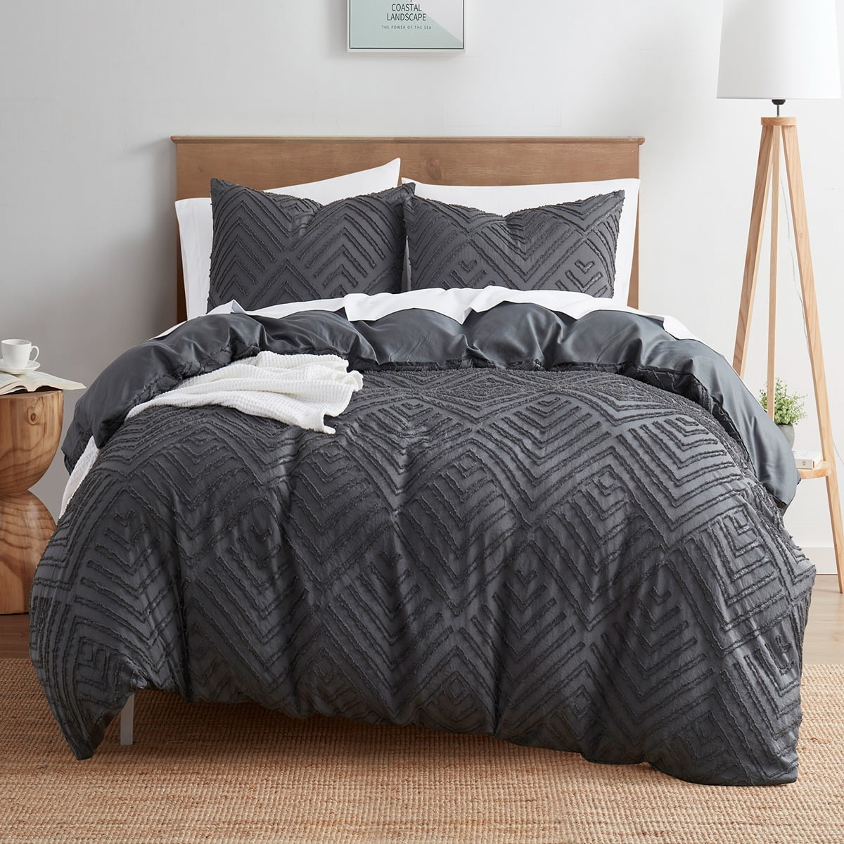 Nestl Boho 3 Piece Duvet Cover Set, Tufted Embroidery Double Brushed Duvet Cover with Button Closure with 2 Pillow Shams, Twin (68"x90") - Gray