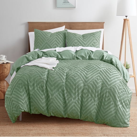 Nestl Boho 3 Piece Duvet Cover Set, Tufted Embroidery Double Brushed Duvet Cover with Button Closure with 2 Pillow Shams, Twin (68"x90") - Green