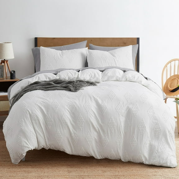 Nestl Boho 3 Piece Duvet Cover Set, Tufted Embroidery Double Brushed Duvet Cover with Button Closure with 2 Pillow Shams, Twin (68"x90") - White