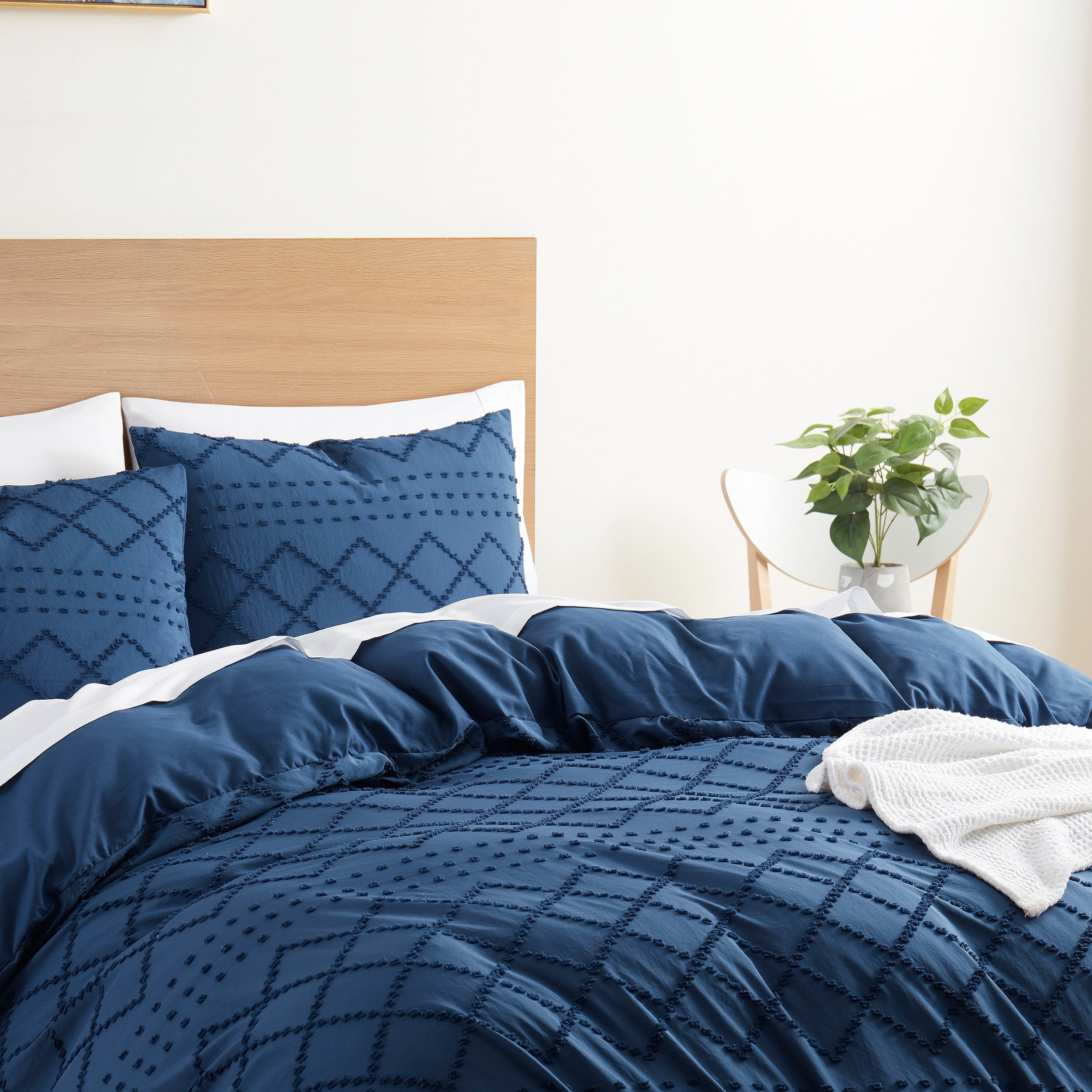 Navy Blue Microfiber Queen Pintuck Boho Duvet Cover Set