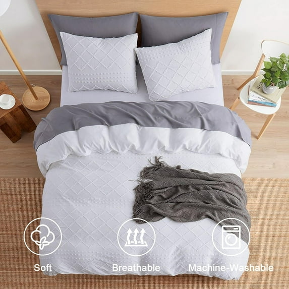 Nestl Boho Tufted Embroidery Double Brushed Duvet Cover with Button Closure White - Dots & Diamonds - Twin