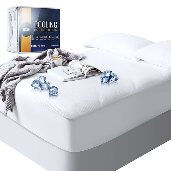 Nestl Cooling Mattress Protector, Waterproof, Premium Tencel Blend Fitted Mattress Cover, Extra deep Pocket with Elastic All Around - Queen