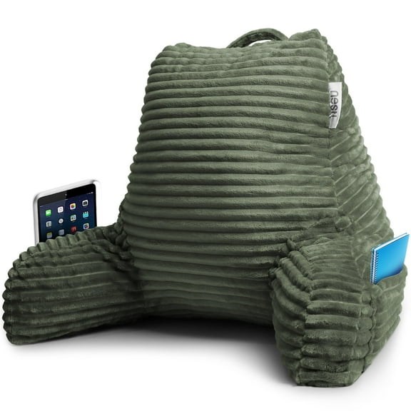 Nestl Backrest Reading Pillow, Back Support Pillow with Arms, Shredded Memory Foam Bed Rest Pillow, Medium, Olive Green