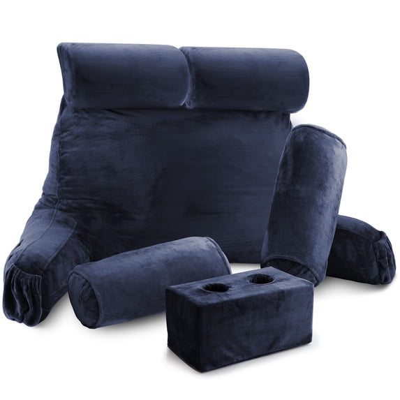 Nestl Double Reading Pillow, Double Back Pillow, Backrest Pillows for Bed with Arms, Back Pillows for Sitting in Bed, 2 Neck Roll & 2 Lumbar Back Support Pillow, Navy Blue