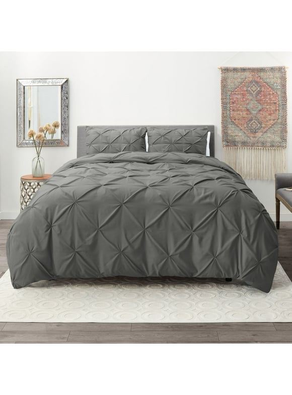 Nestl Down Alternative Comforter Set with Pillow Shams, Pinch Pleated Comforter, 3-Piece Bedding Set, Queen/Full, Gray
