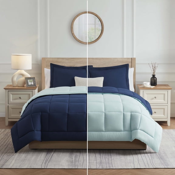 Nestl Full Size Comforter Sets, 3 Piece Bed in a Bag, Reversible Down Alternative Bedding Set, Navy & Light Blue