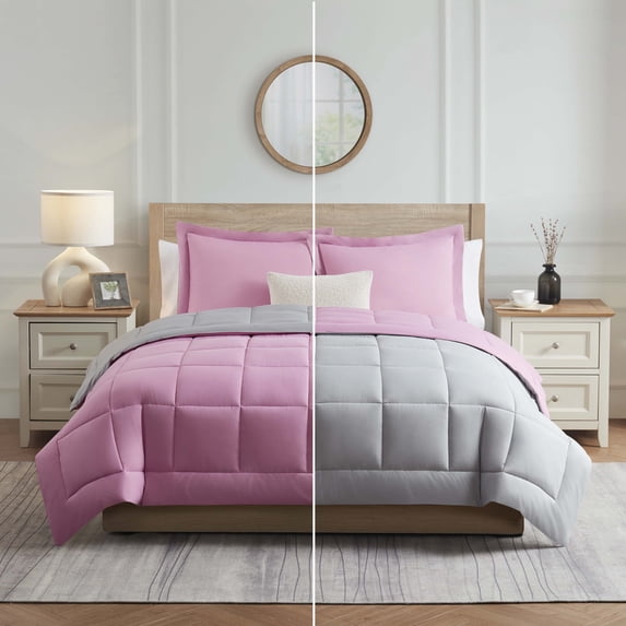 Nestl Full Size Comforter Sets, 3 Piece Bed in a Bag, Reversible Down Alternative Bedding Set, Pink & Light Gray